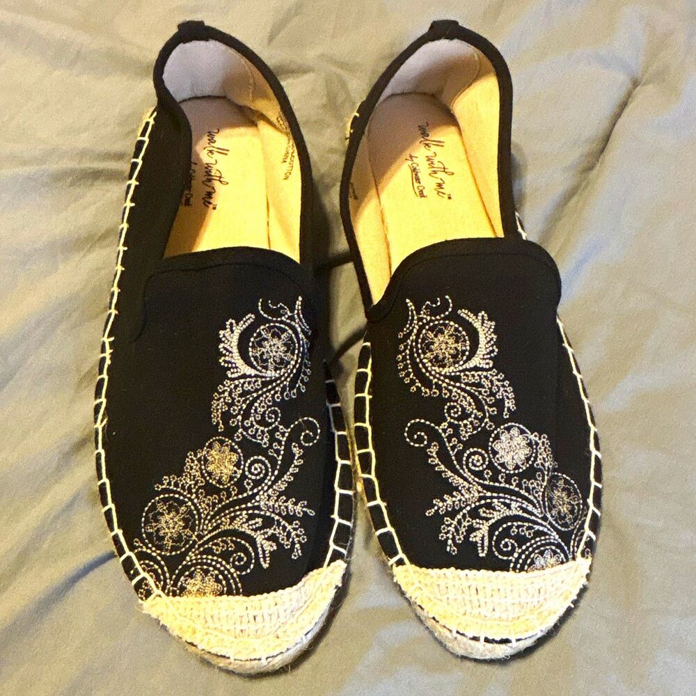 Coldwater Creek Women’s Black Embroidered Slip-On Espadrille Flats 8M NEW